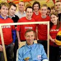 Driver Andy Green in the cockpit test rig designed by level 2 Product Design students