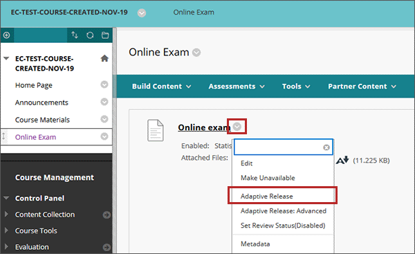 example screenshot showing the assignment drop down with the adaptive release option highlighted