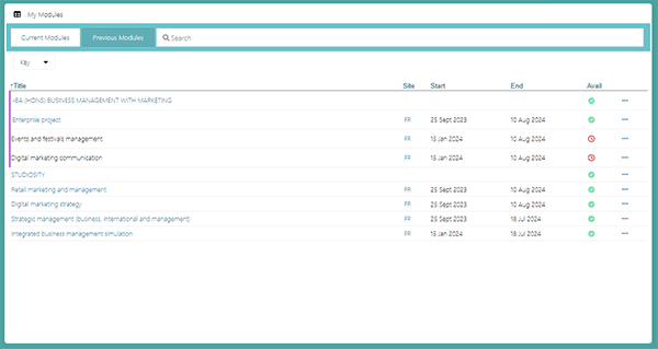 example screenshot of the current modules tab for students