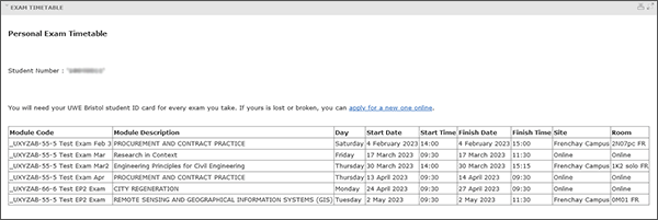 example screenshot of the exam timetable subtab