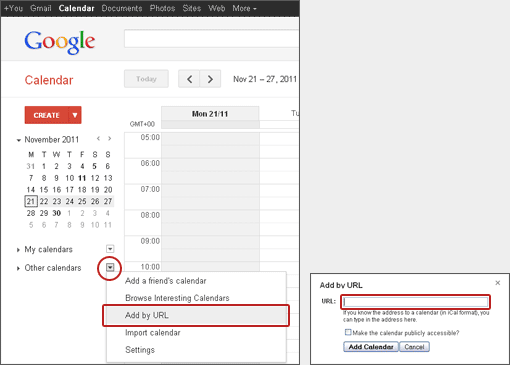 example screenshot showing Google Calendar add by URL function