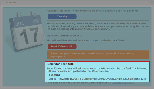 screenshot showing the iCalendar Feed URL from the Options button
