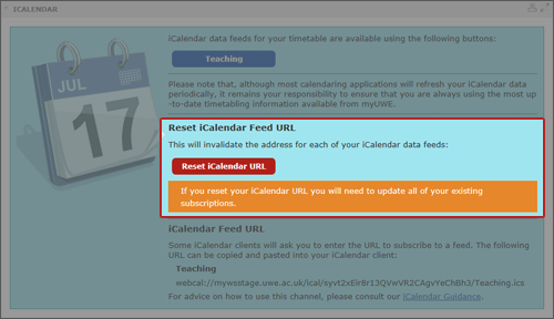 example screenshot showing the Reset Calendar URL button