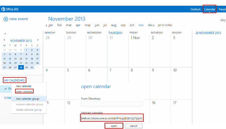 example screenshot showing Office 365 open (internet) calendar function