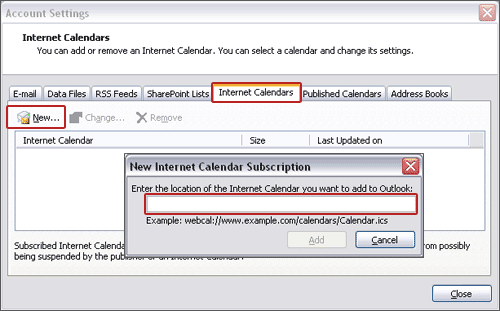 example screenshot showing Microsoft Outlook Internet Calendars tab