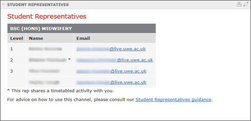 example screenshot showing the student representatives; the year/level and an asterisk indicating shared timetabled activity