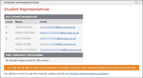 example screenshot showing the message alerting a student representative that they have not attended training and so will not be able to use myUWE announcements