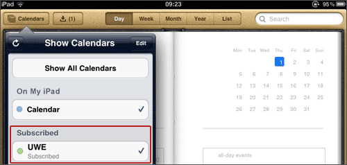 example screenshot showing iPad with iCalendar subscribed