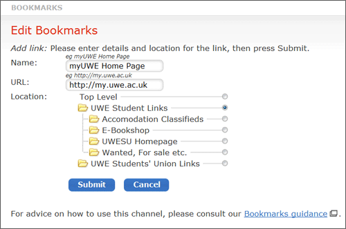 example screenshot of the edit bookmarks screen where a new link can be added