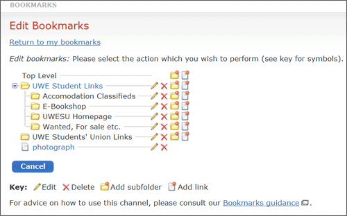 example screenshot of the edit bookmarks screen