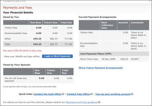example screenshot of the Payment and Fees area