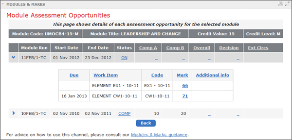 Screenshot of assessment opportunities page