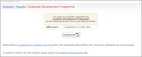 example screenshot of the GDP screen showing GDP outcomes and pdf download