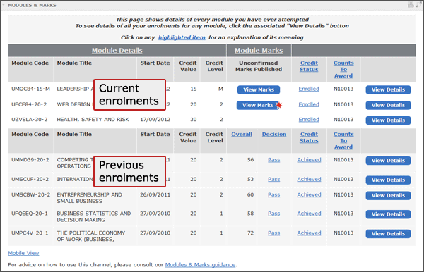 example screenshot hightlighting the current and previous enrolment sections on the Modules table