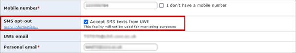example screenshot hightlighting the Accept SMS texts from UWE checkbox