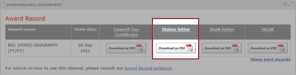 example screenshot hightlighting the download pdf button for a Status letter