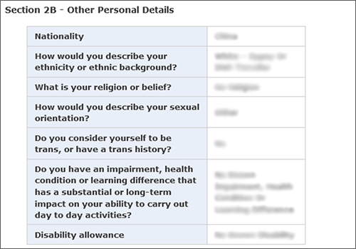 example screenshot of Section 2B - Other Personal Details