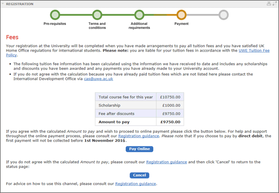 example screenshot of the Fees page for an international student