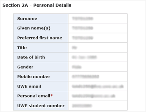 example screenshot of section Section 2A - personal details