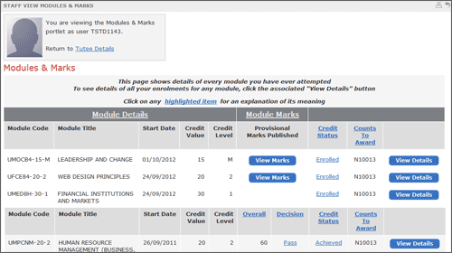 example screenshot showing a Tutees Modules & Marks