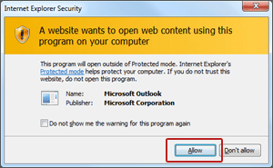 Internet Explorer Security pop-up window stating A website wants to open web content using this program on your computer