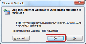 Microsoft Office Outlook pop-up window asking Add this Internet Calendar to Outlook and subscribe to updates?
