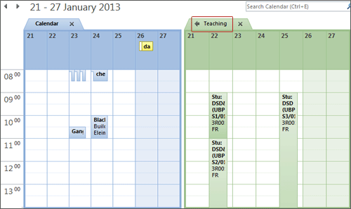 Outlook Calendar with your personal calendar on the left, and the imported Teaching/Exam timetable on the right