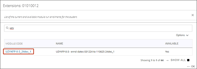 example screenshot of the course enrolments screen with search filtered to show courses starting UZY