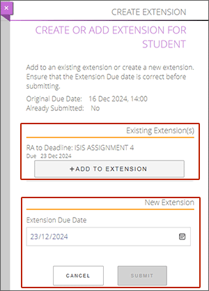 example screenshot of the flout showing the option to add to an existing extension or create another with a different due date