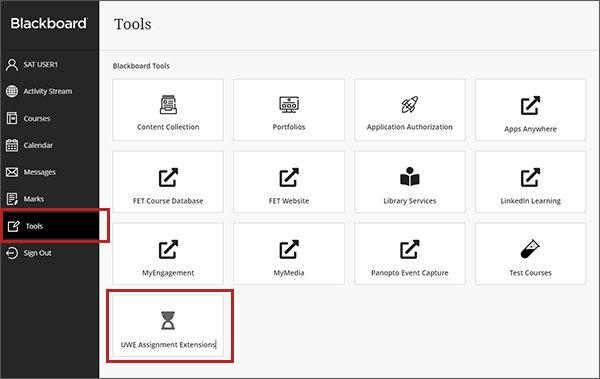 example screenshot of the tools menu in Blackboard