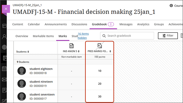 example screenshot showing the grades in the column