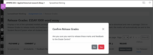 example screenshot of the confirm release grades prompt
