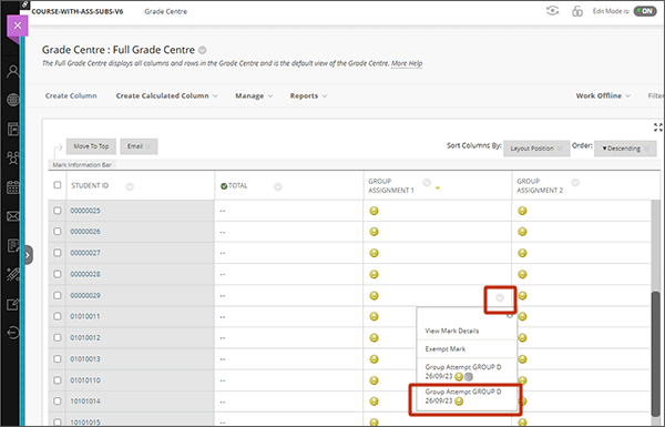 example screenshot showing the group attempt from the drop down in a students cell