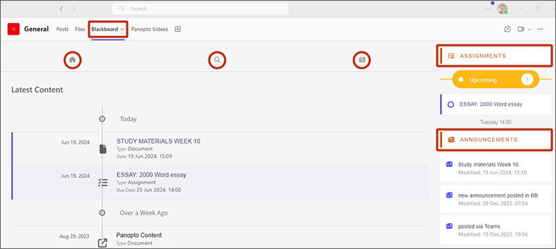 screenshot of the Blackboard tab in teams showing the latest content area