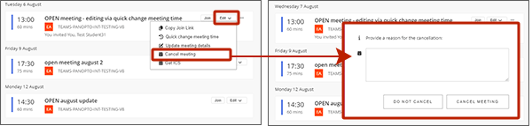 example screenshot showing the cancel meeting option