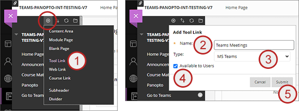 example screenshot of adding a course menu link steps 1 to 5 above