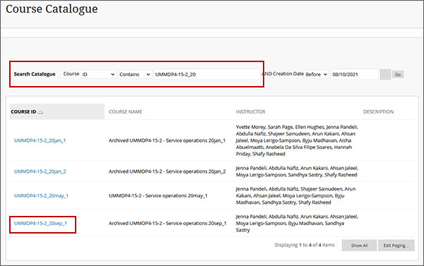 example screenshot showing the course catalogue search