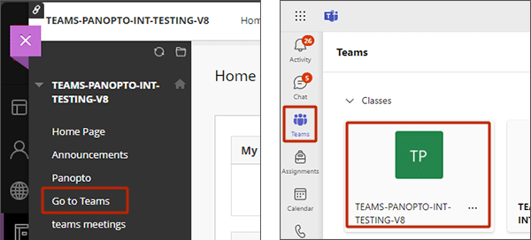 excample screenshot showing the Go to Teams link in the course menu and the Teams icon within Teams to get a list of your teams 