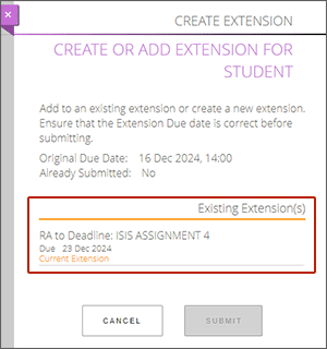 example screenshot of the flyout showing the extension already in place for the student and the submit button disabled