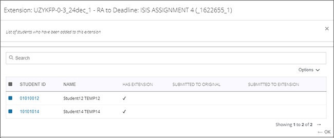 example screenshot showing the list of students attached to an extension