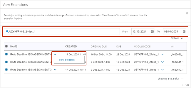 example screenshot of the view extensions page with search set and the view students drop down