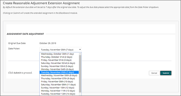 example screenshot of the create reasonable adjustment extension assignment page