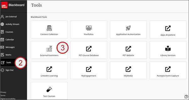 example screenshot of the tools area with the external examiner tool selected