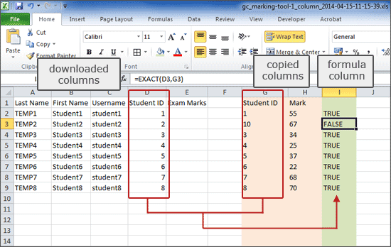 example screenshot showing formula comparing column D and column G