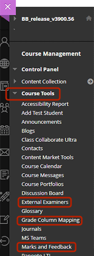 example screenshot of the course tools area with the three tools highlighted
