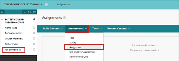 example screenshot showing a content area in the left course menu and the assessments drop down with Assignment selected