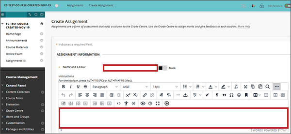 example screenshot of the create assignment screen with the name and colour; and the instructions fields highlighted 