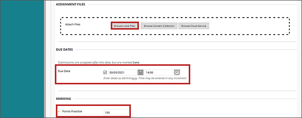 example screenshot of the create assignment screen with the browse my computer; due date; and points possible fields highlighted