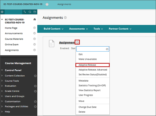 example screenshot showing the assignment drop down with the adaptive release option highlighted