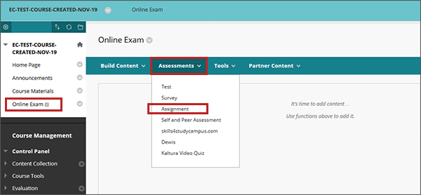 example screenshot showing a content area in the left course menu and the assessments drop down with Assignment selected